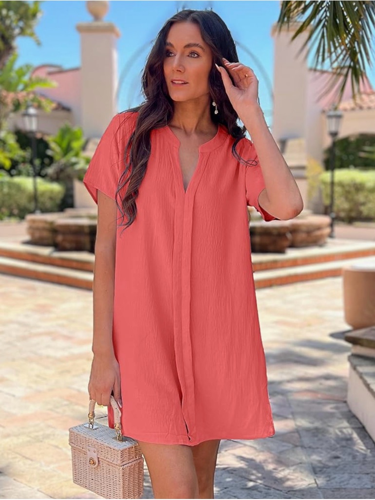 Halife - Coral Midi Short-Sleeve V-Neck Pull Over Swim Coverup/Dress Small Nwt